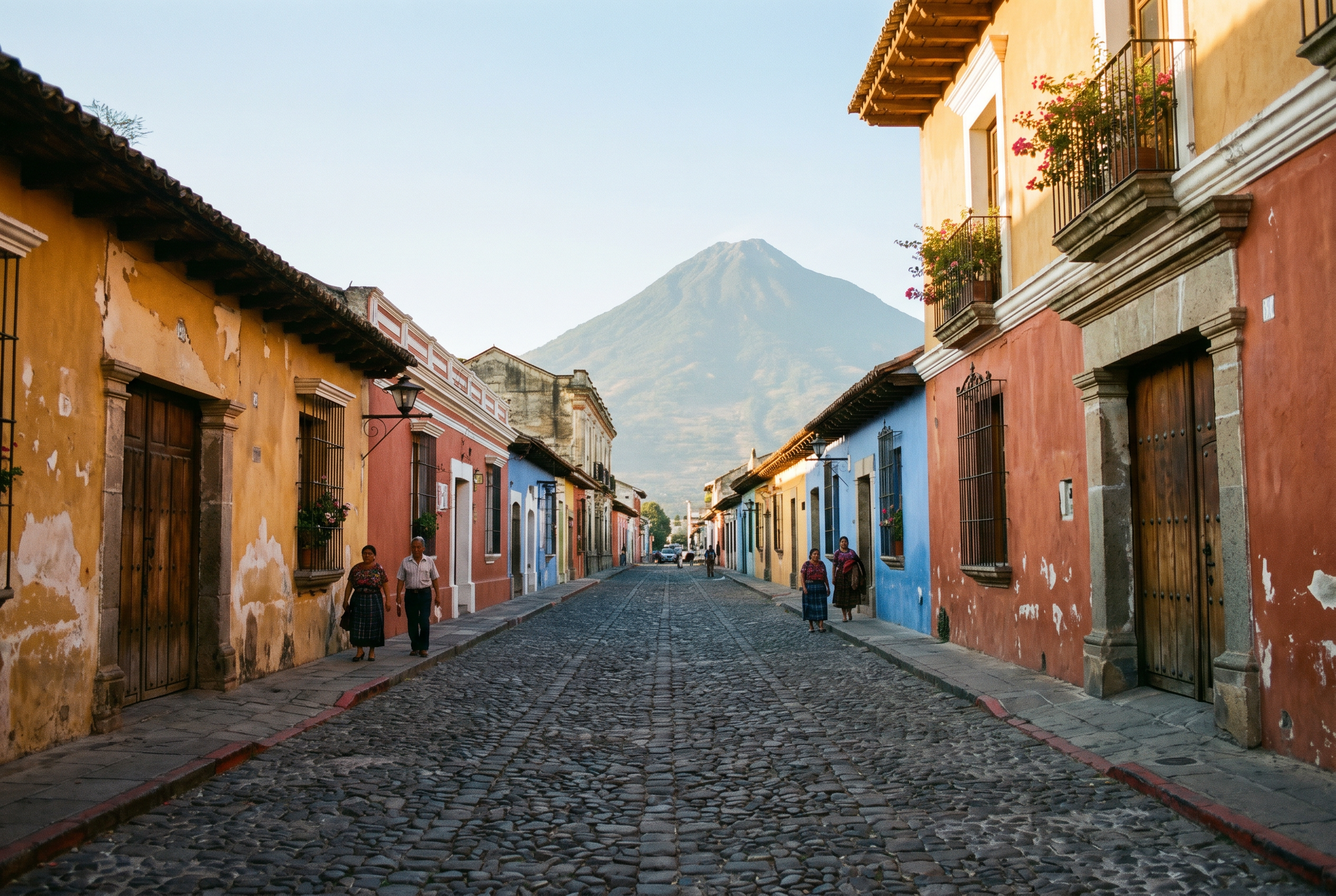 Cobblestone streets and colonial architecture in Antigua Guatemala with volcano backdrop.