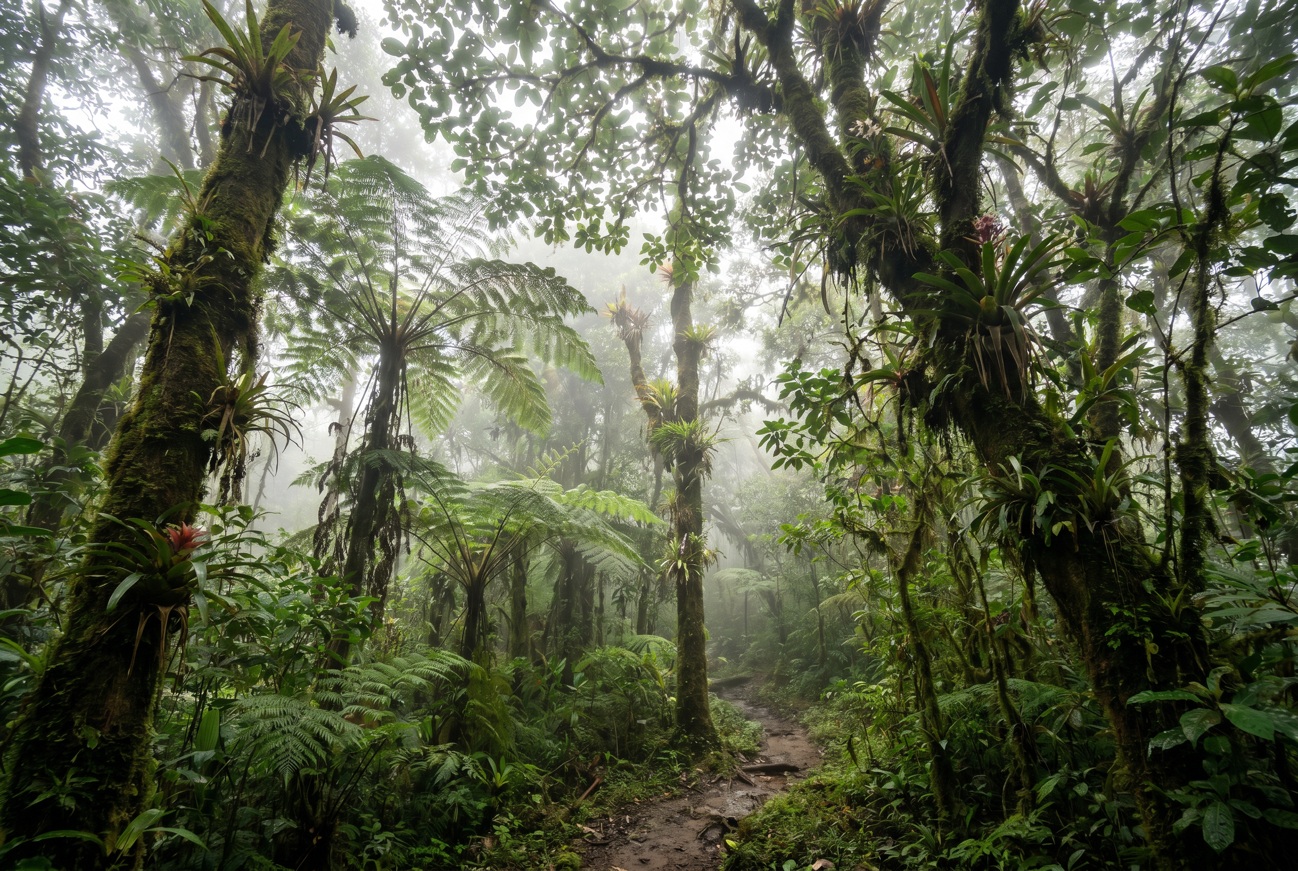 Cloud forest trails in the Biotopo del Quetzal reserve in Baja Verapaz, Guatemala.