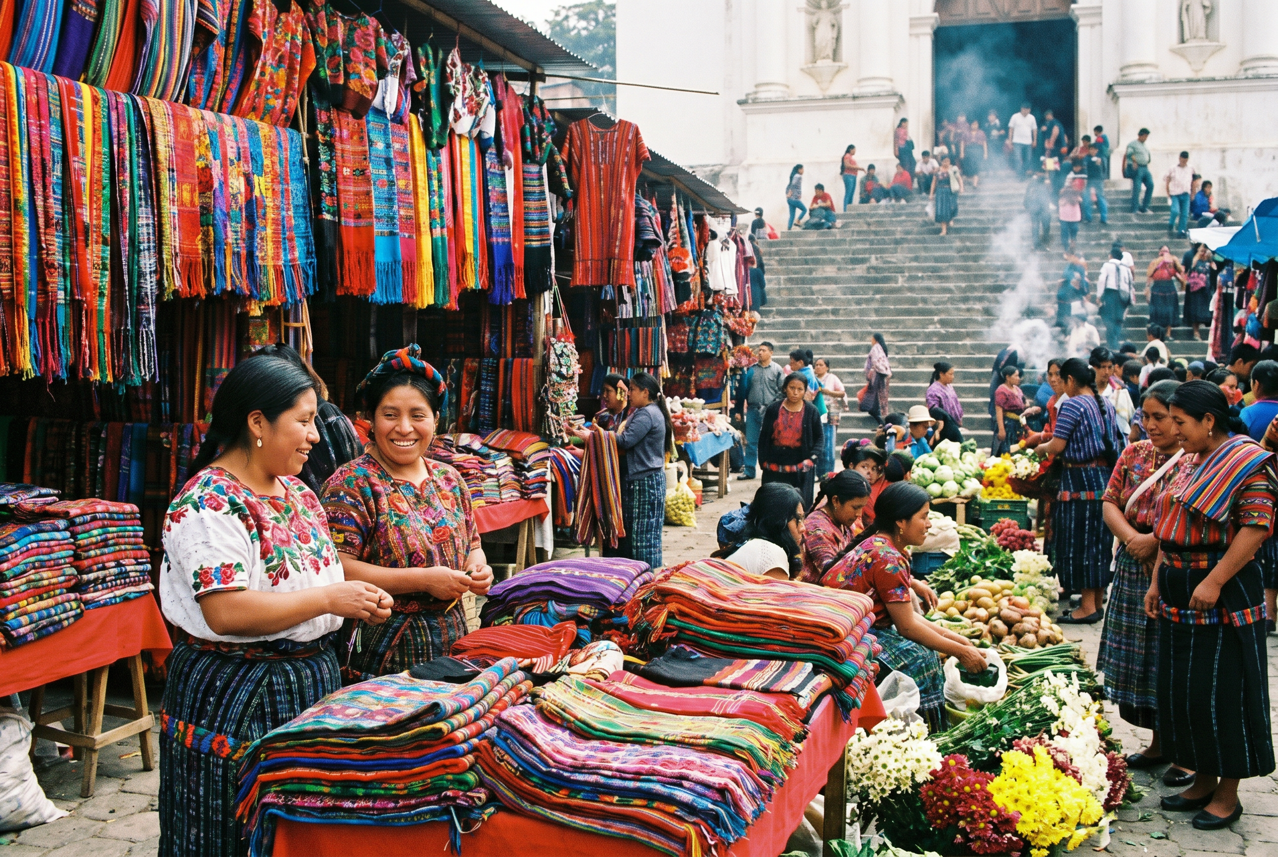 Colorful indigenous market in Chichicastenango with textiles and traditional crafts.