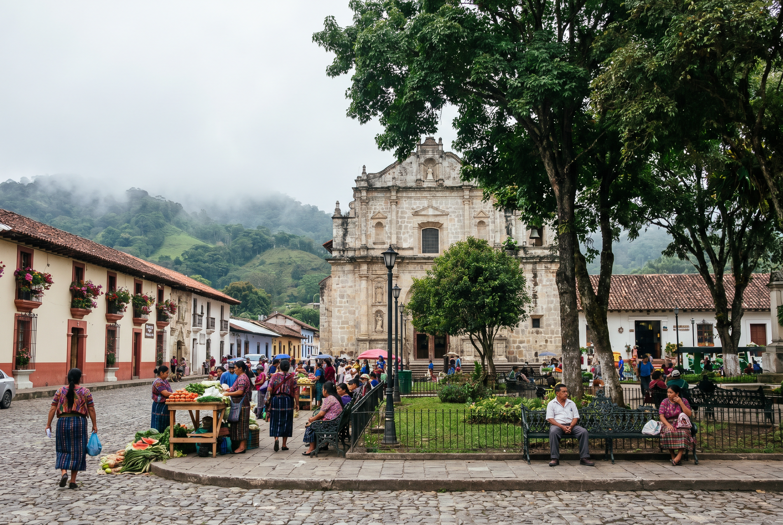 Misty streets and colonial architecture in Cobán, Alta Verapaz, Guatemala.