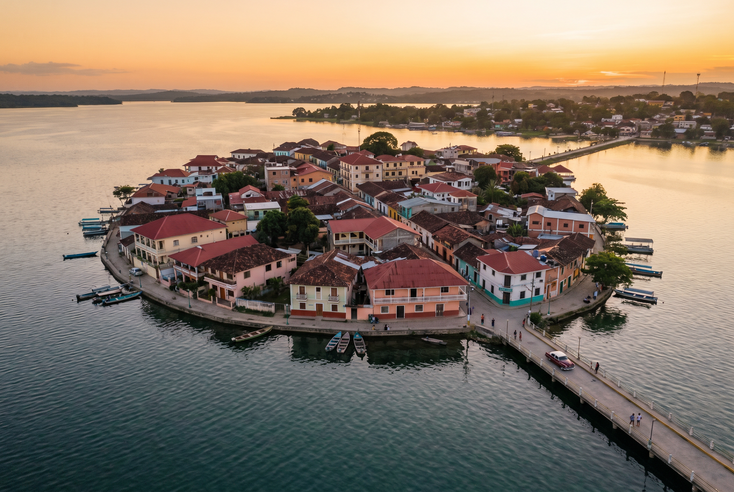 Colorful island town of Flores surrounded by Lake Petén Itzá at sunset, Guatemala.