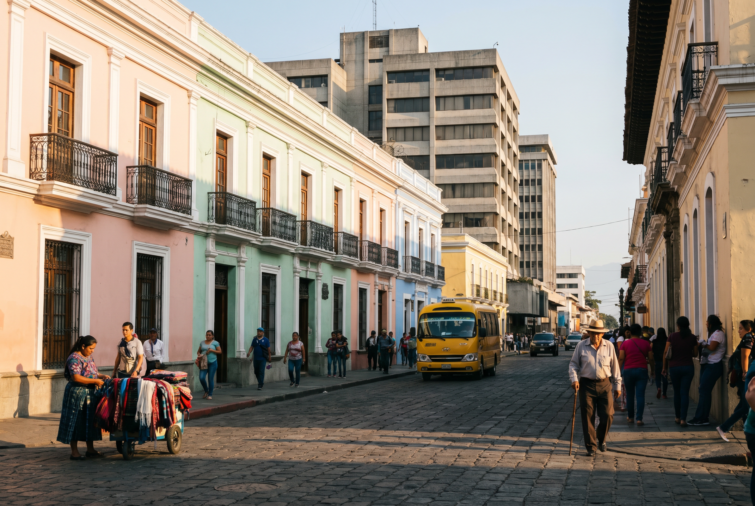 Guatemala City skyline with colonial architecture and modern buildings.
