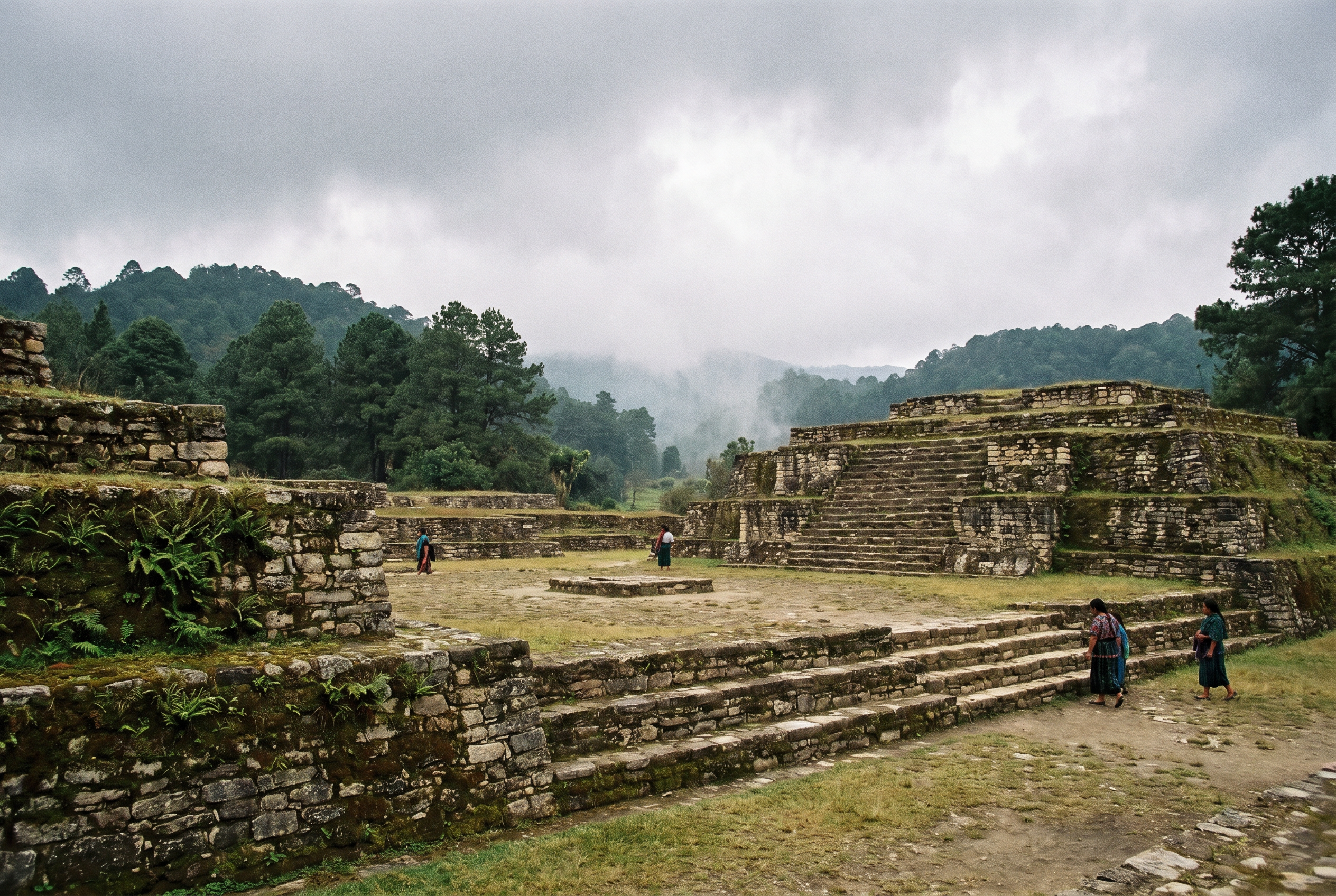Ancient Kaqchikel Maya ruins at Iximché surrounded by pine forest in Guatemala.