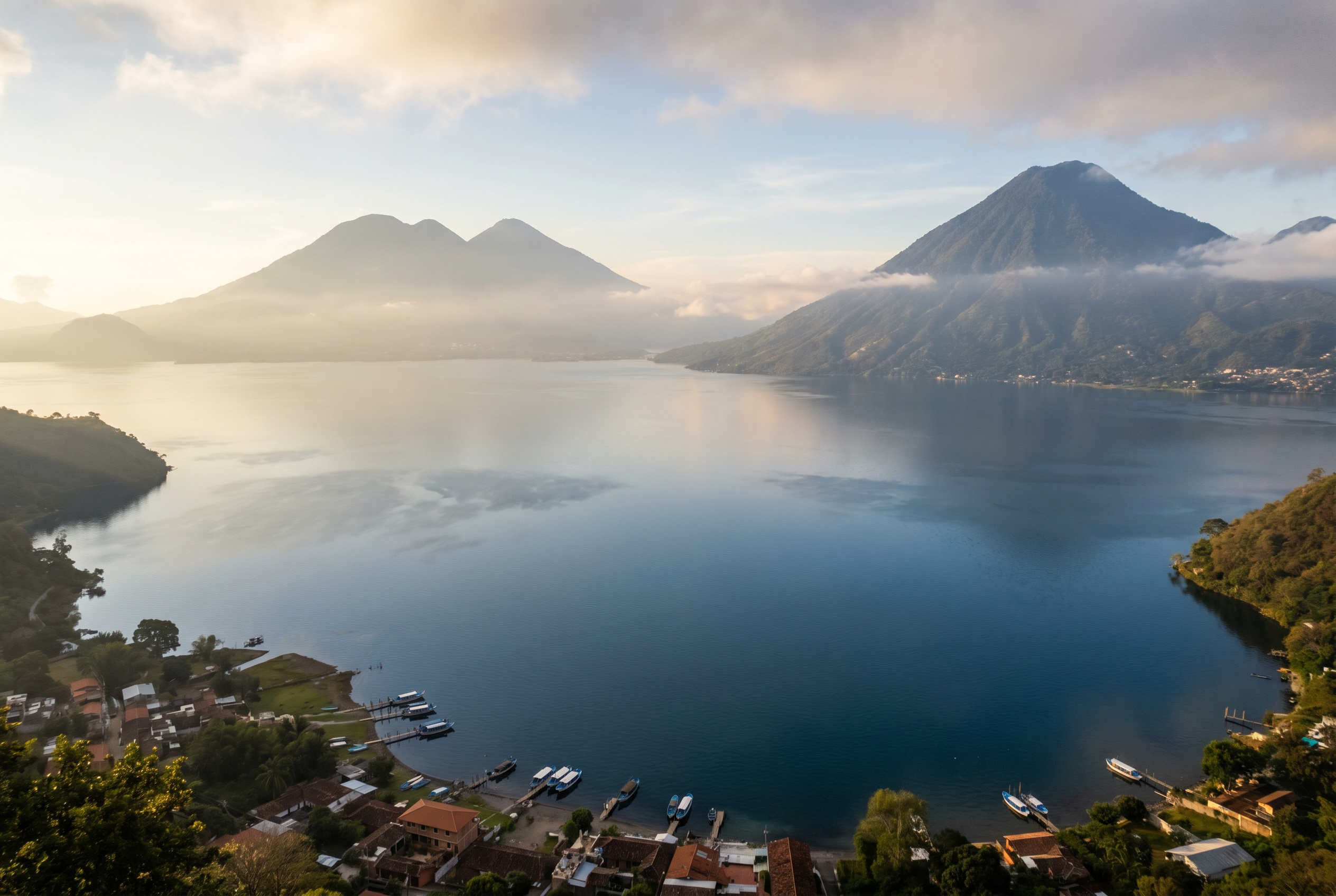 Lake Atitlán with three volcanoes reflected in the water and Maya villages on the shore.