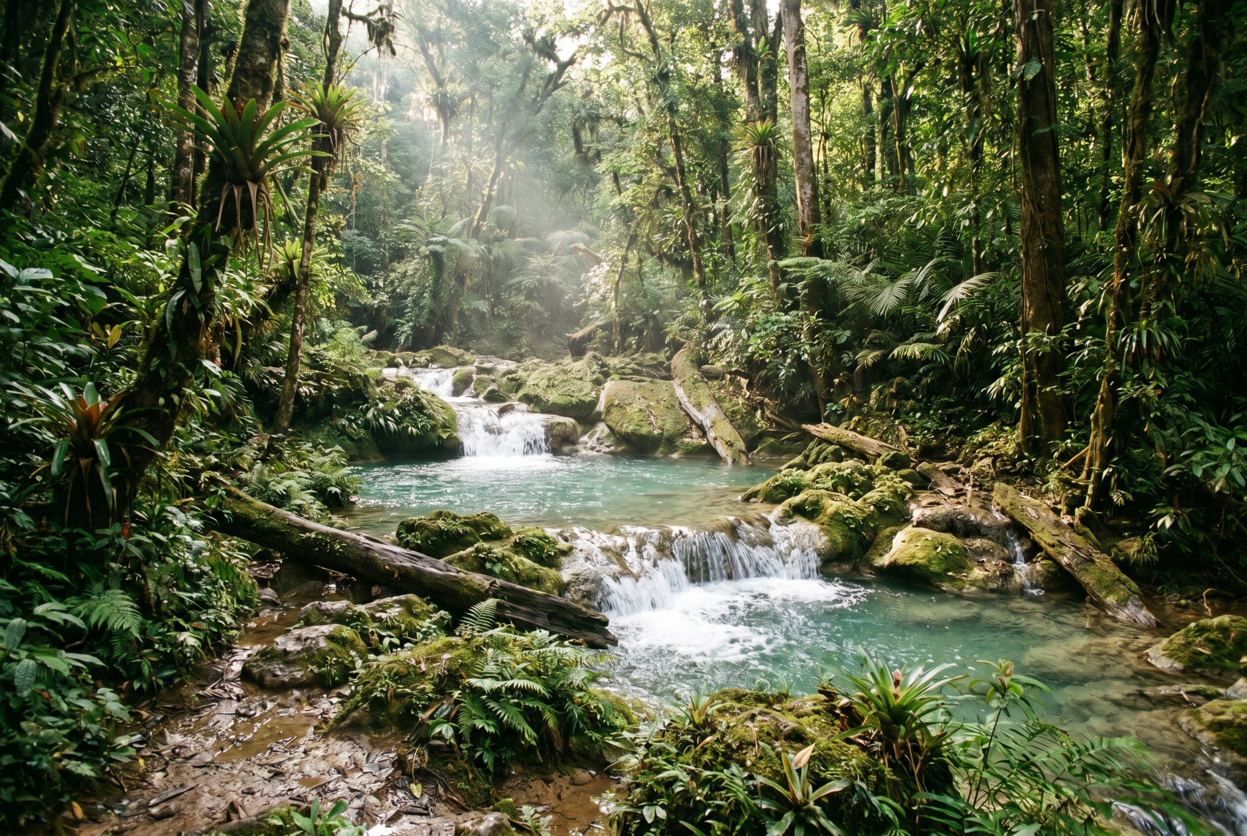 Clear turquoise pools and jungle waterfalls at Las Conchas Natural Monument, Guatemala.