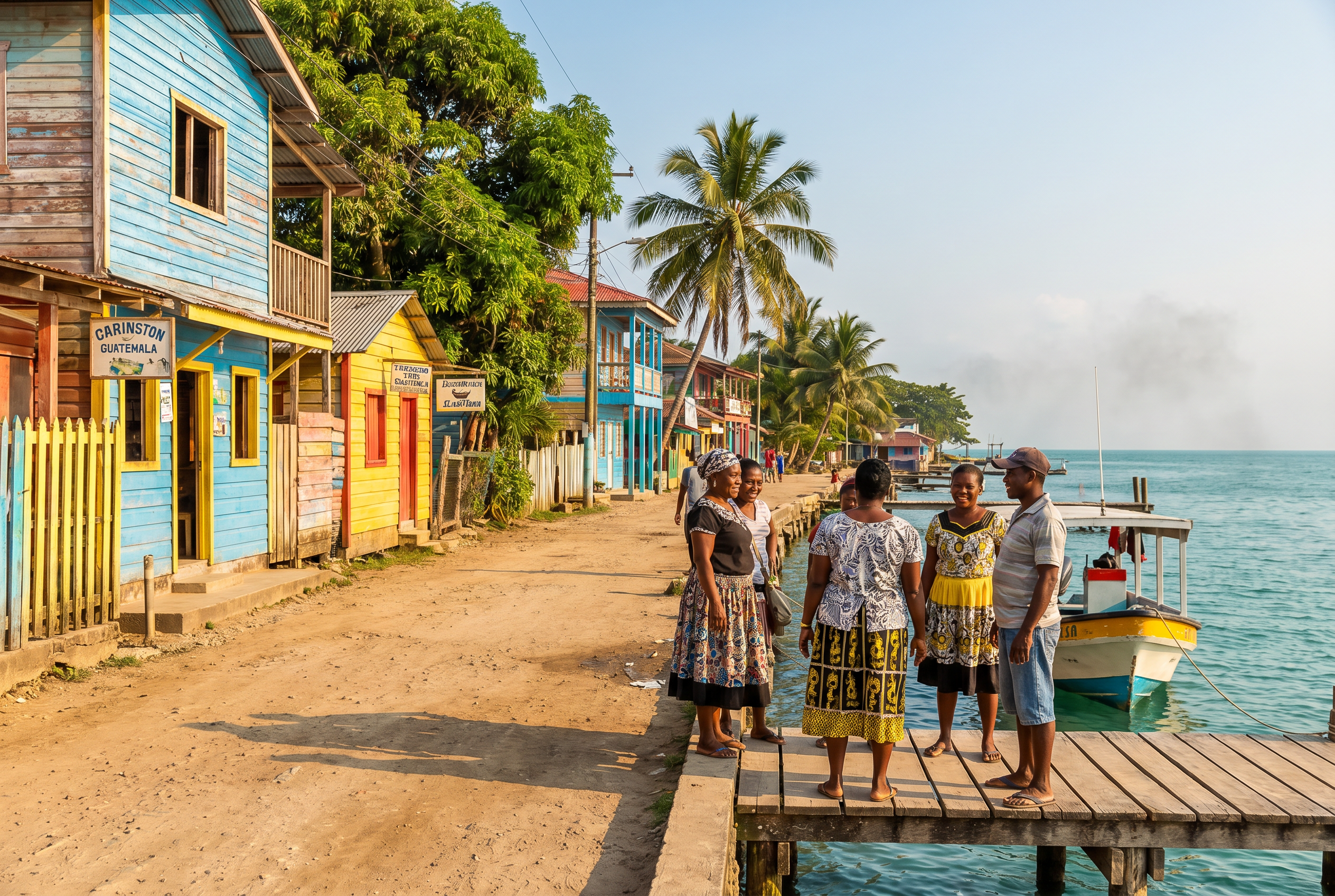 Colorful waterfront buildings and Garifuna community in Livingston, Guatemala.