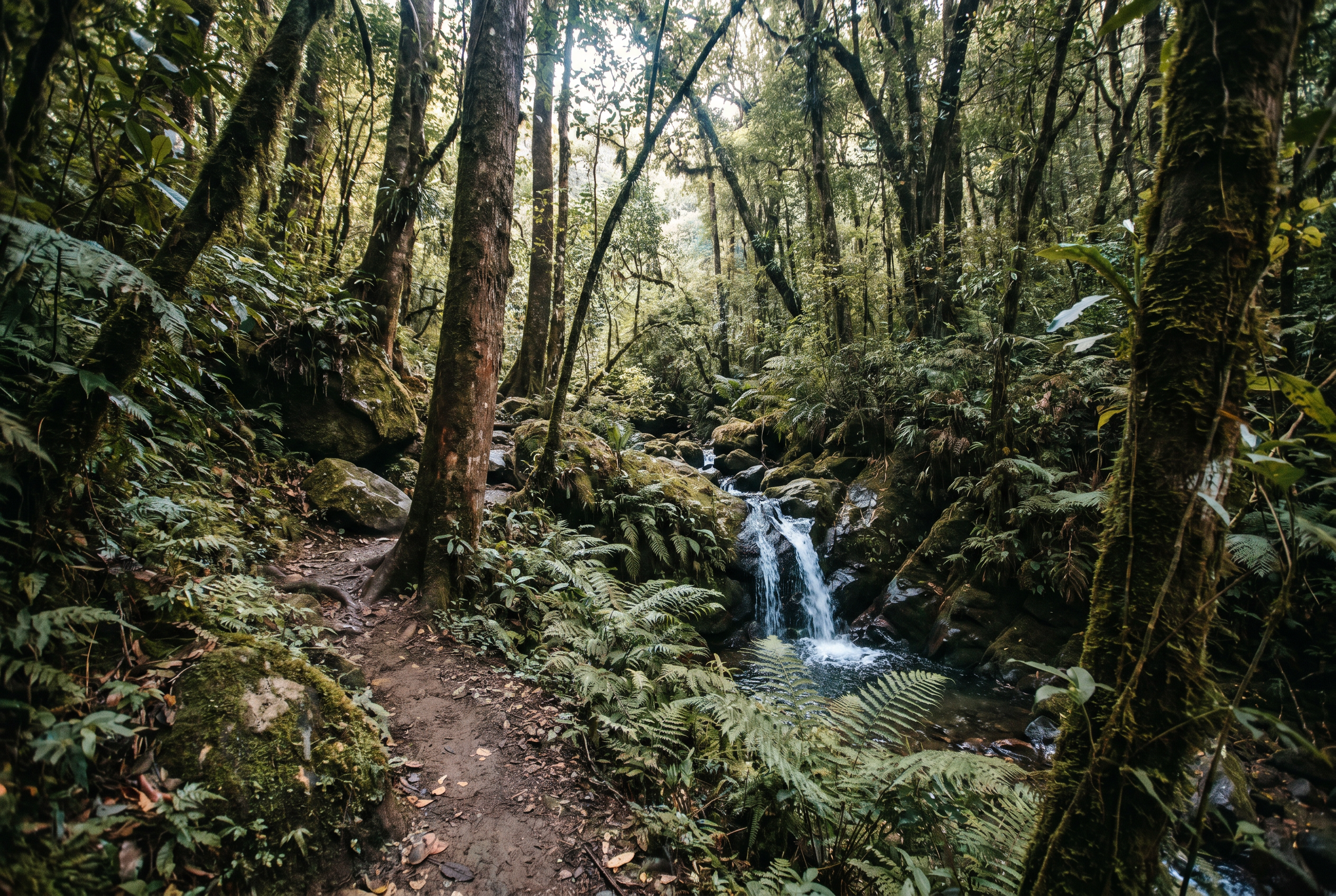Lush jungle trail with waterfall in Ram Tzul Nature Reserve, Alta Verapaz, Guatemala.
