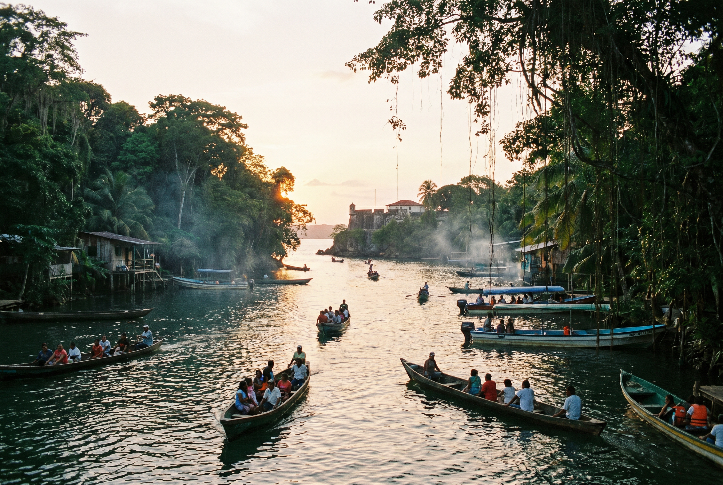 Tropical river canyon of Río Dulce with jungle banks and traditional boats, Guatemala.