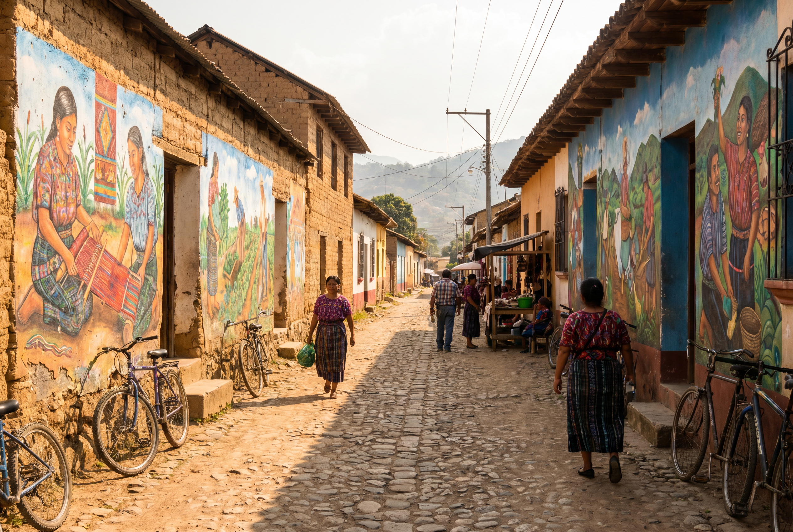 Colorful naive paintings displayed in San Juan Comalapa, Guatemala's village of painters.