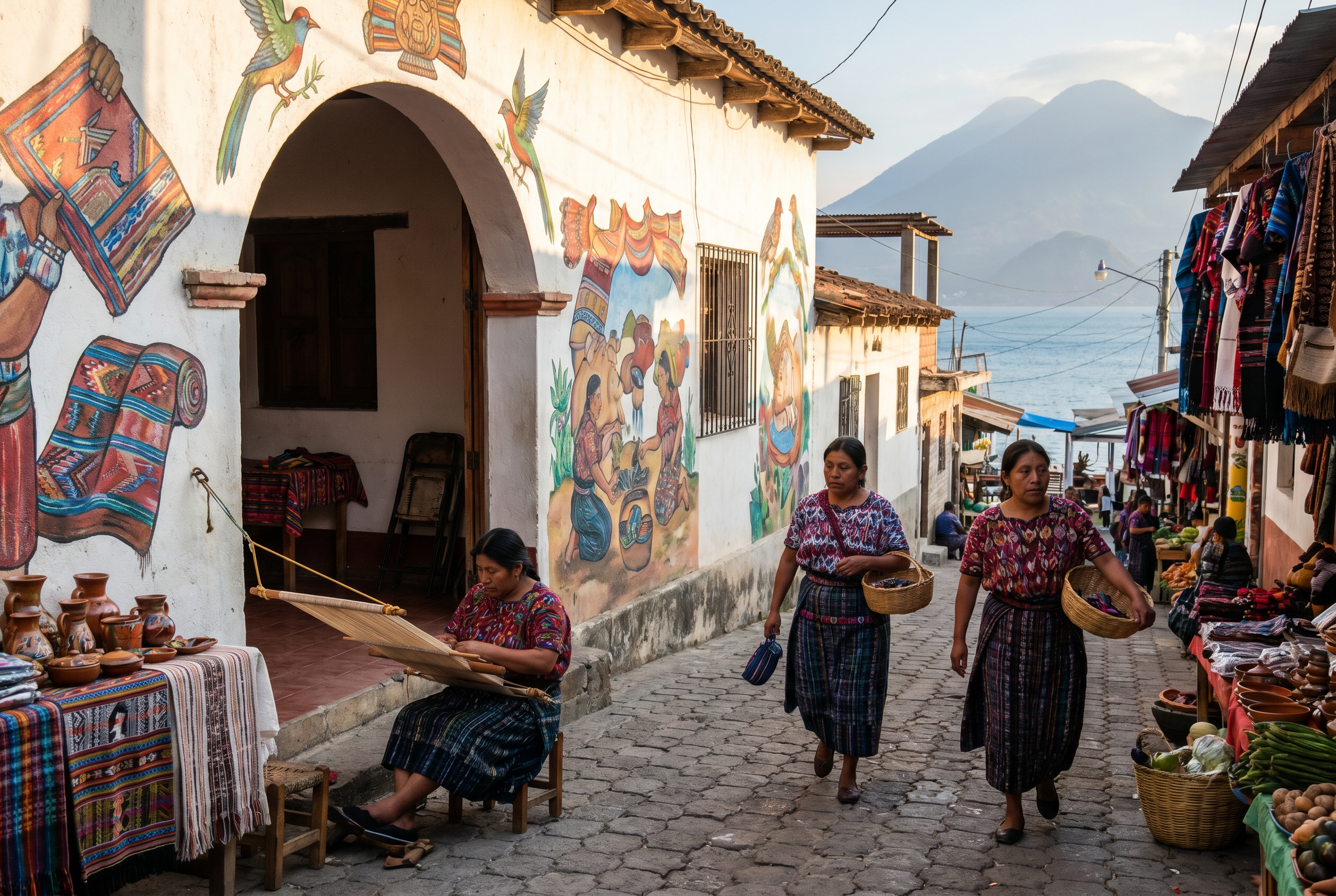 Traditional Maya weaving cooperative in San Juan La Laguna with colorful textiles.
