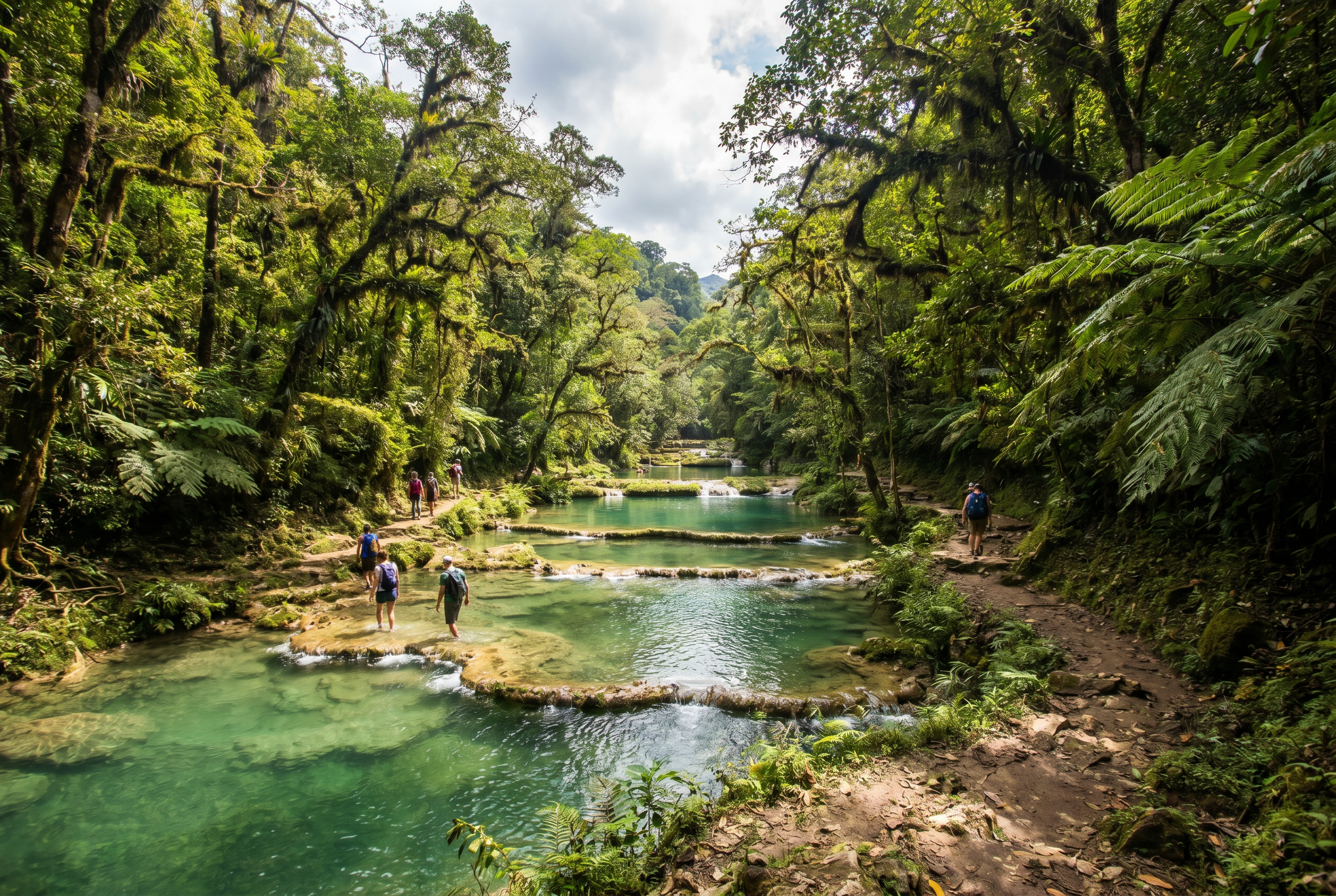 Turquoise limestone pools at Semuc Champey surrounded by jungle in Guatemala.