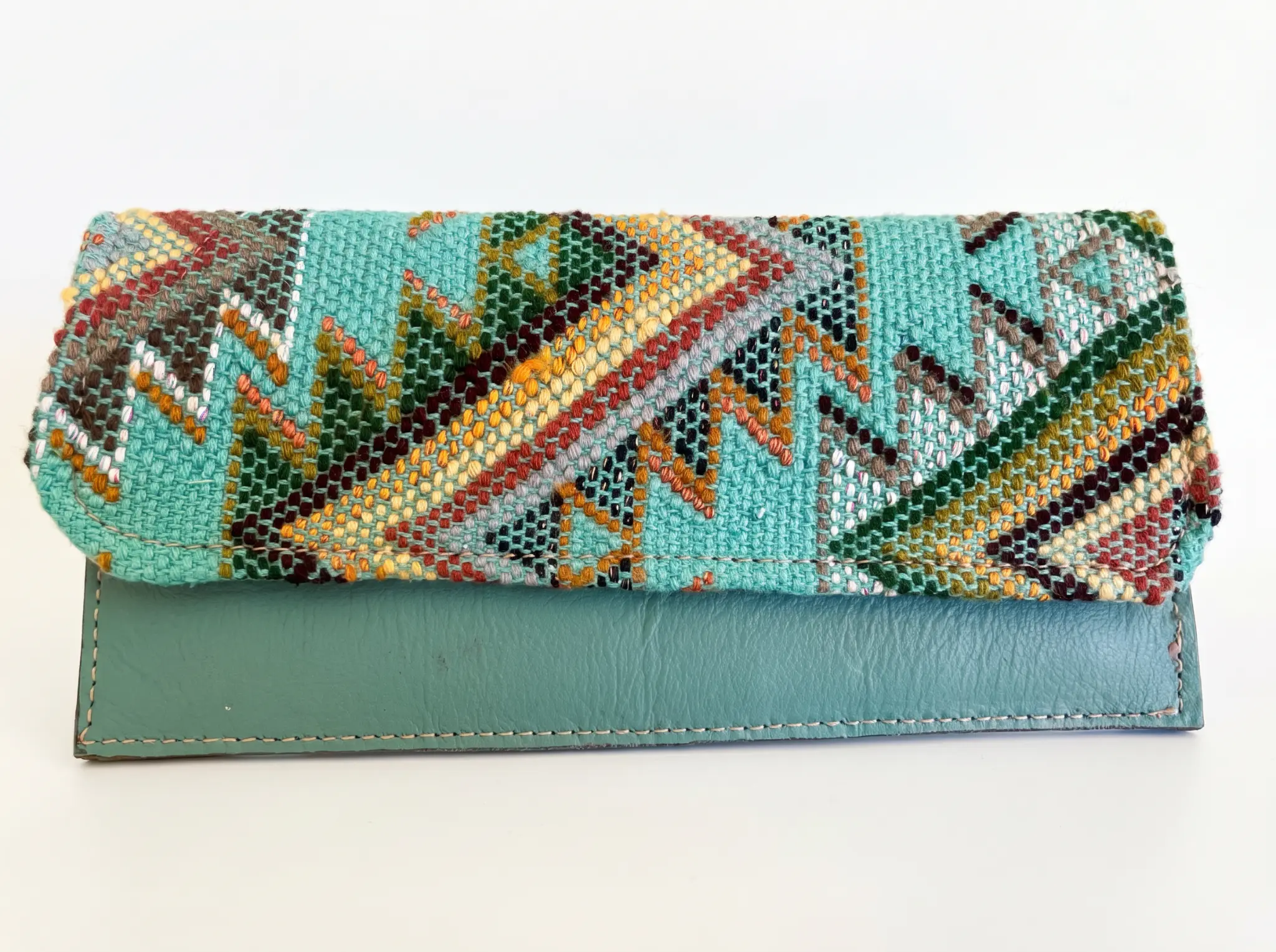 TQC dopp kit with muted pastel stepped-form brocade in teal, blush, and gold on charcoal leather