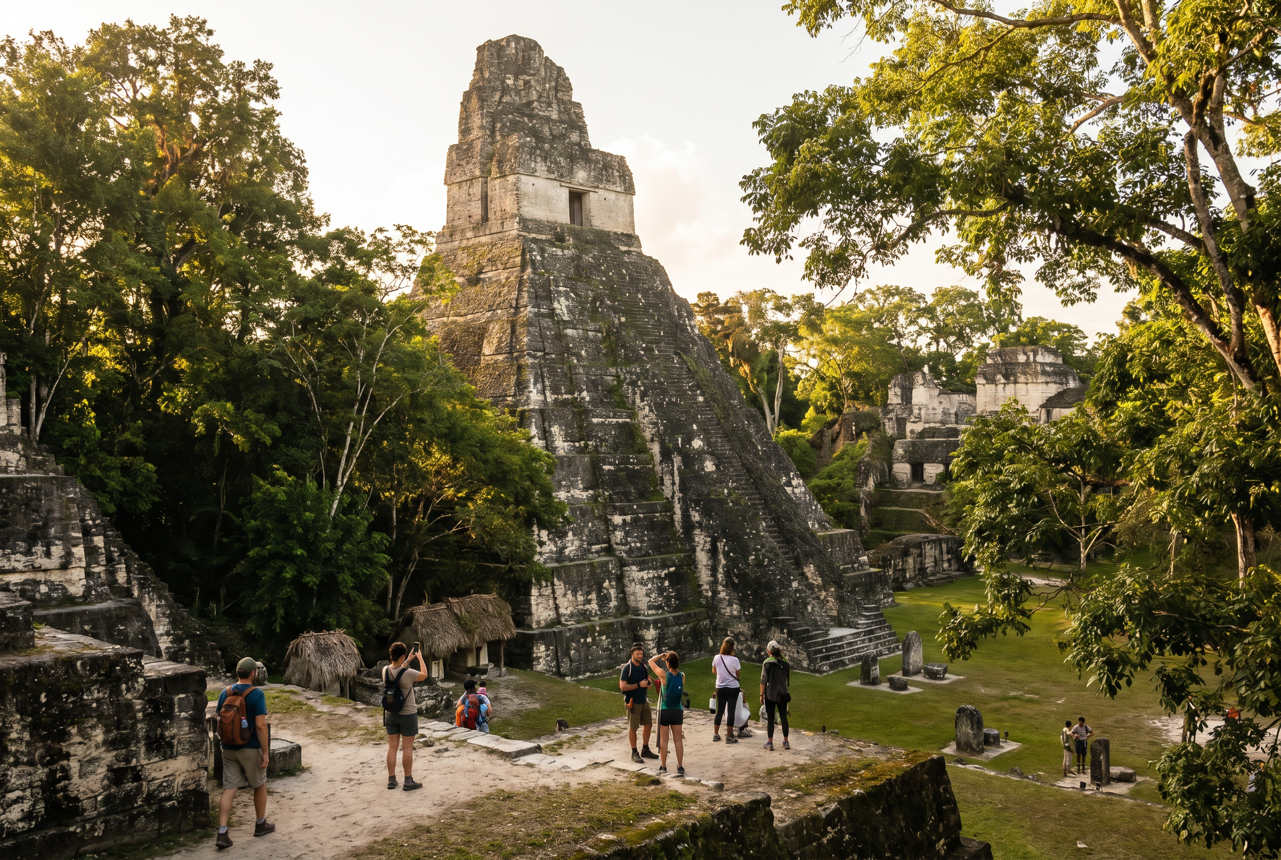 Ancient Maya temples rising above the jungle canopy in Guatemala