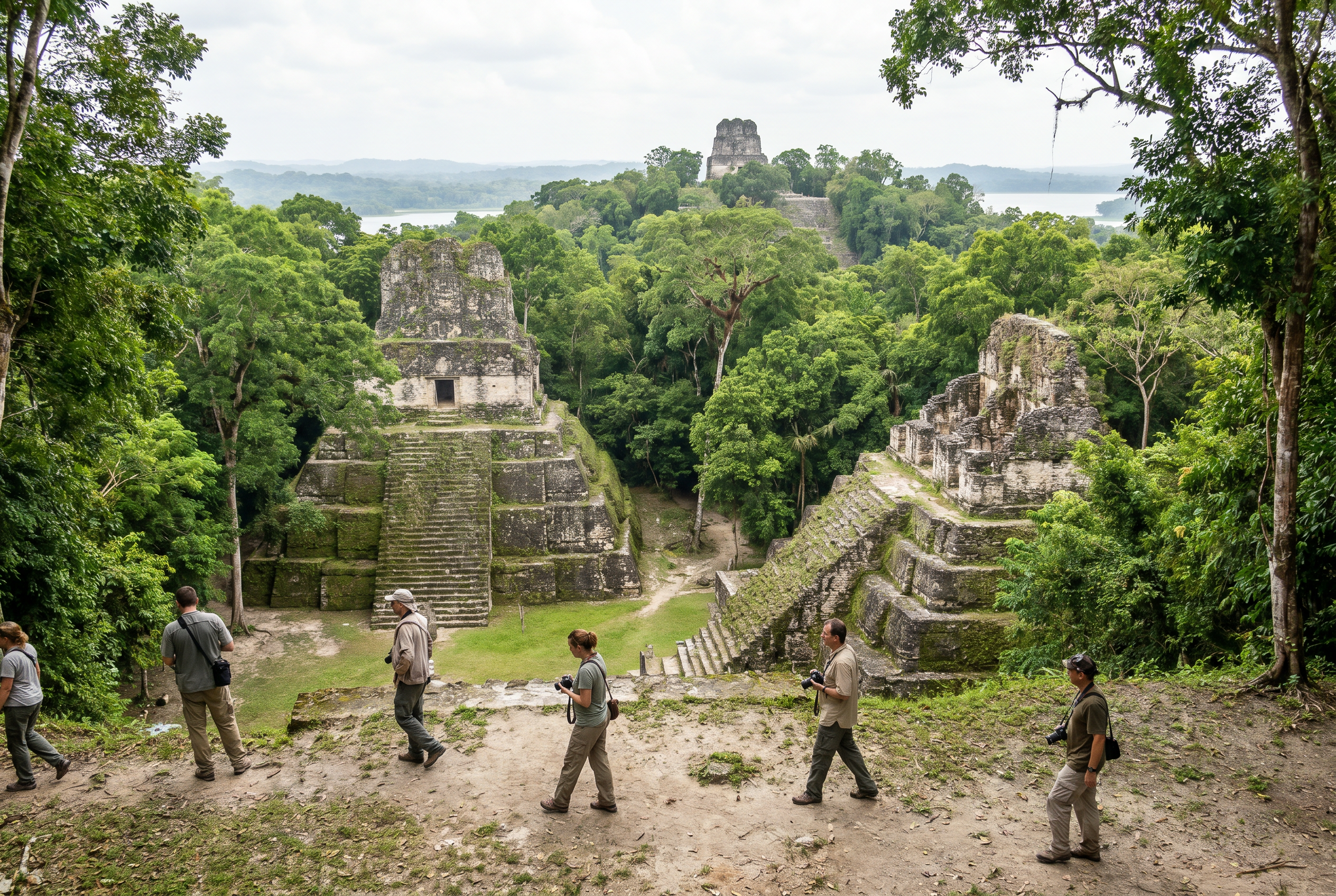 Ancient Maya ruins at Yaxhá surrounded by tropical forest in Petén, Guatemala.